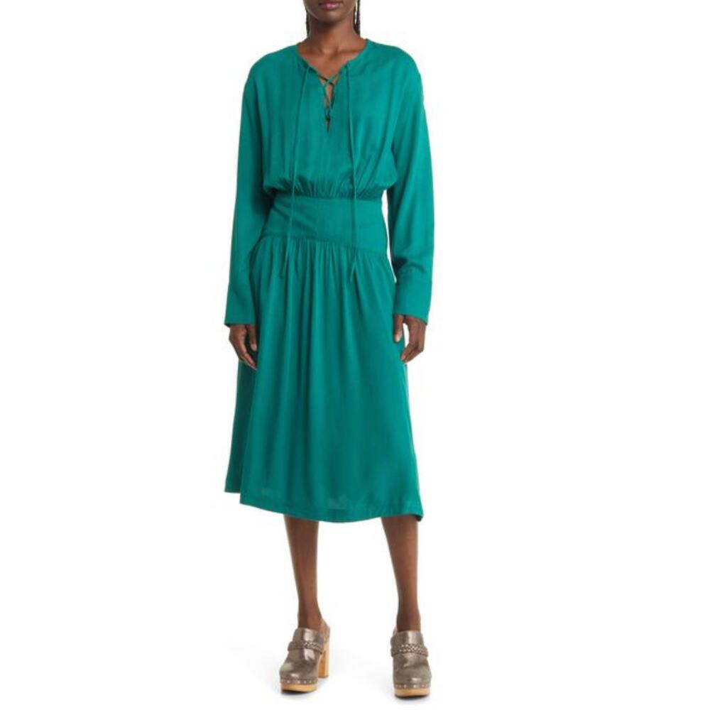Treasure & Bond Lace Up Front Long Sleeve Midi Dress Green Size S Flowy Pockets